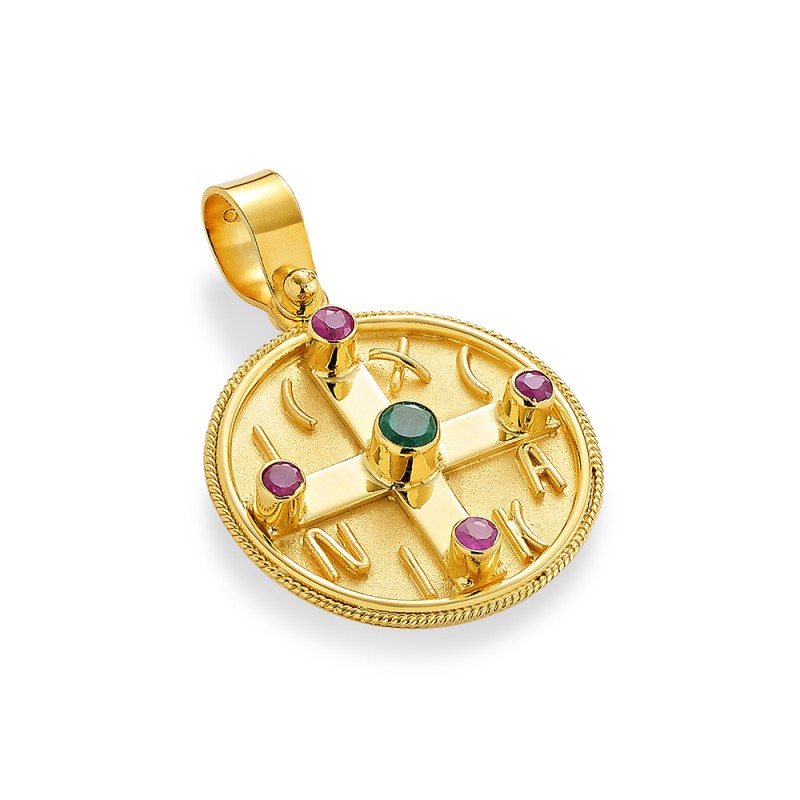 Constantinato Cross Pendant 14K Gold – Double‑Sided with Emerald | Damaskos