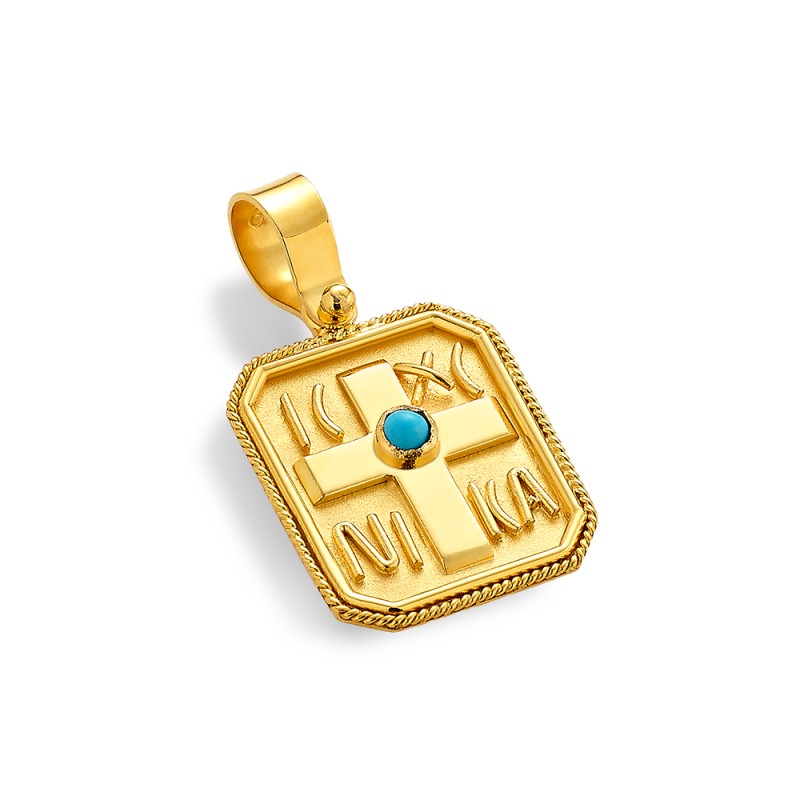 Constantinato Cross Pendant 14K Gold – Double‑Sided with Turquoise | Damaskos