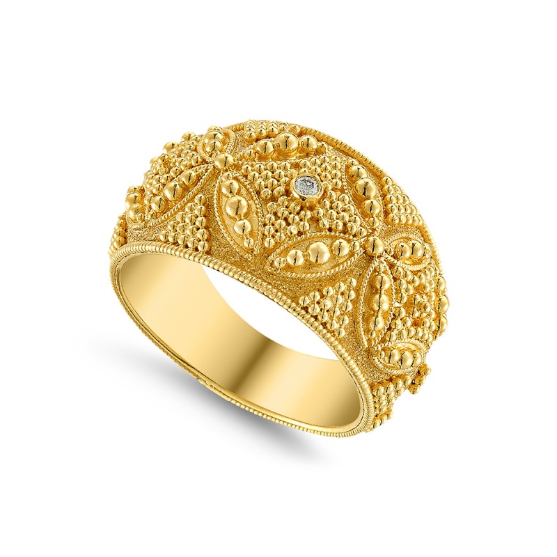 Byzantine Gold Ring with Diamonds (14K) | Damaskos