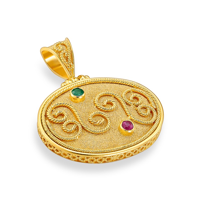 Byzantine 14K Gold Pendant – with Emerald | DAMASKOS