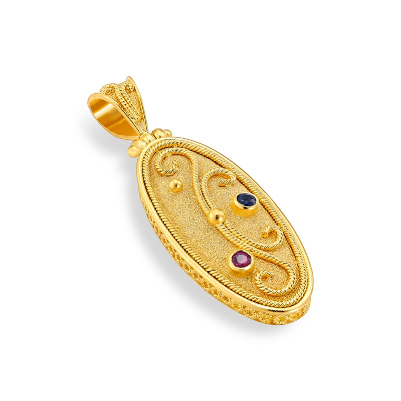 Byzantine 14K Gold Pendant – with Sapphire | DAMASKOS