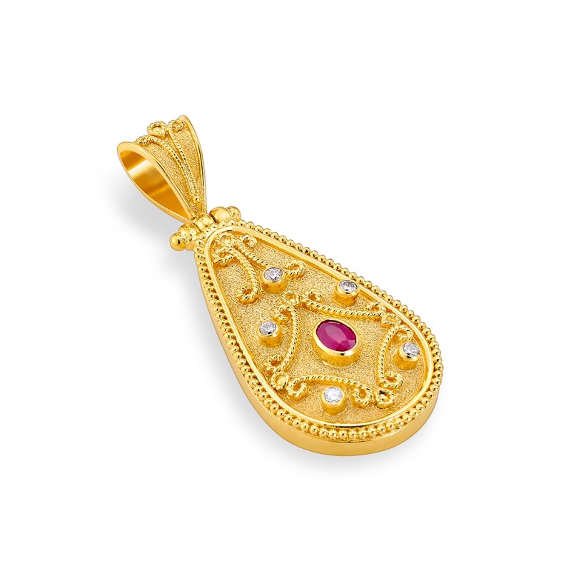 Byzantine 14K Gold Pendant – with Ruby | DAMASKOS (~7.3 g)