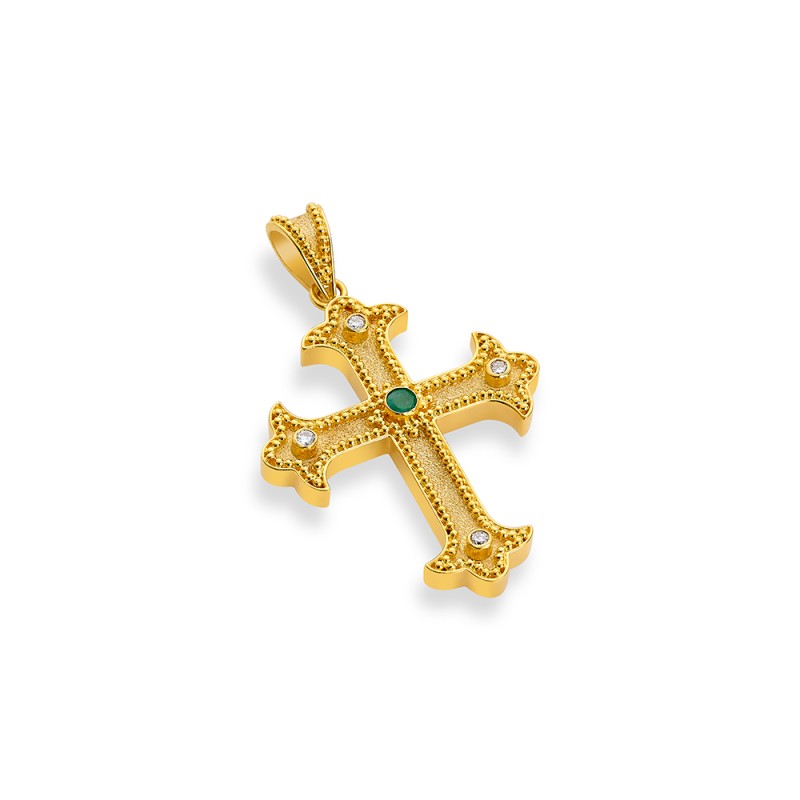 Byzantine 14K Gold Cross – with Emerald | Damaskos