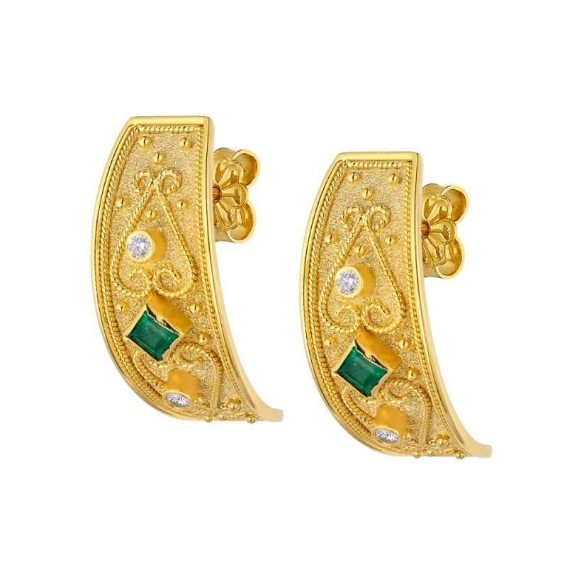 Byzantine 14K Gold Earrings – with Emerald | Damaskos - Image 4