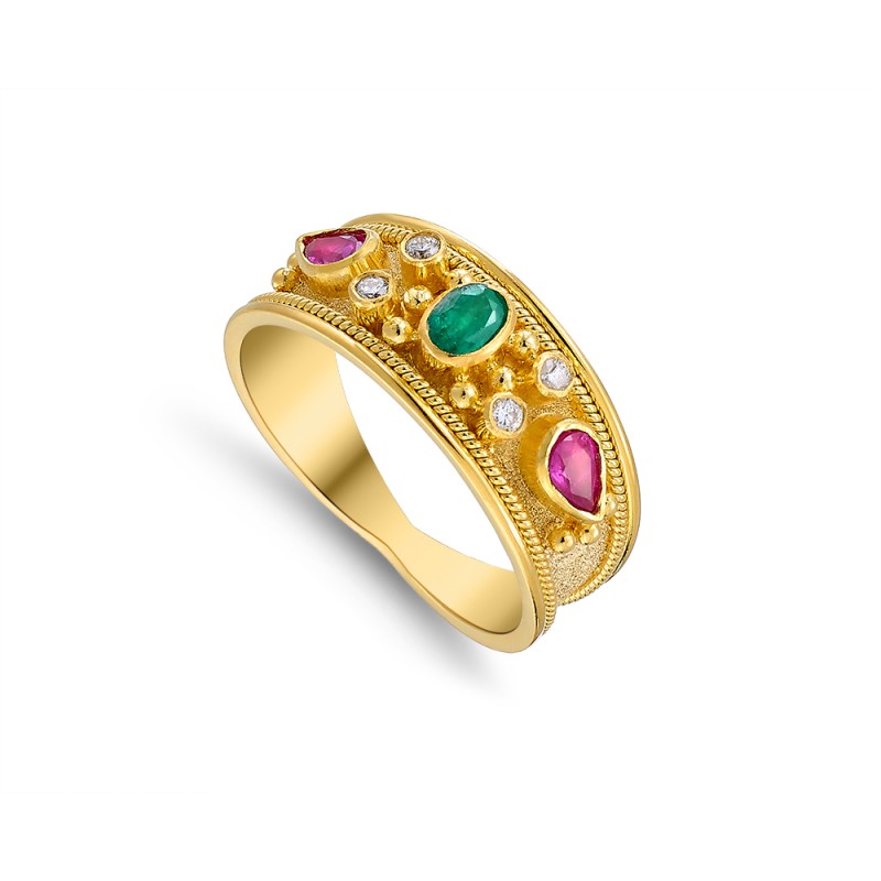 Byzantine 14K Gold Ring with Emerald | DAMASKOS