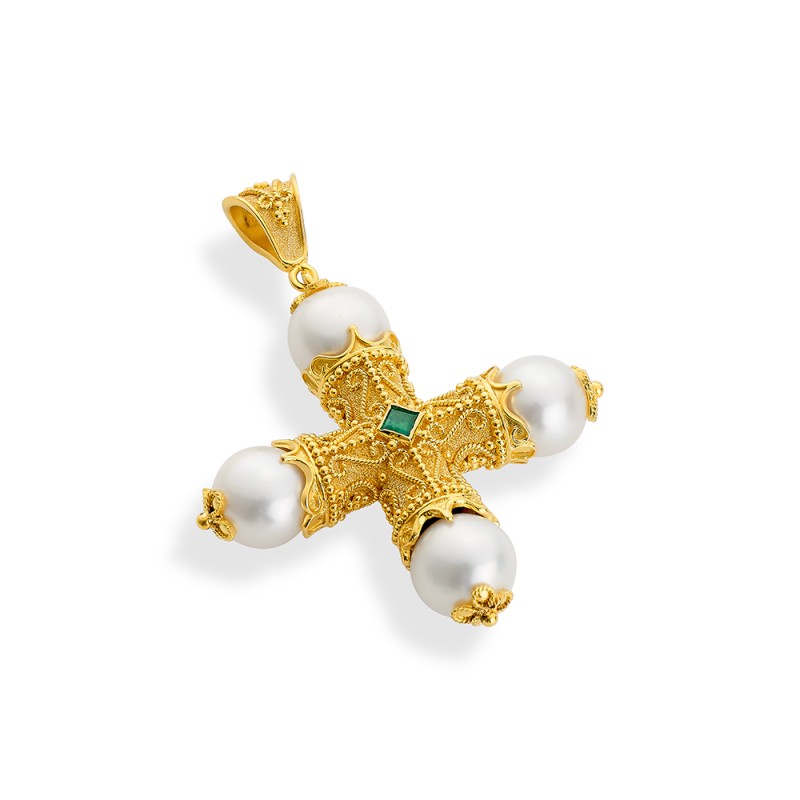 Byzantine 14K Gold Cross – Double-Sided, with Pearl | Damaskos