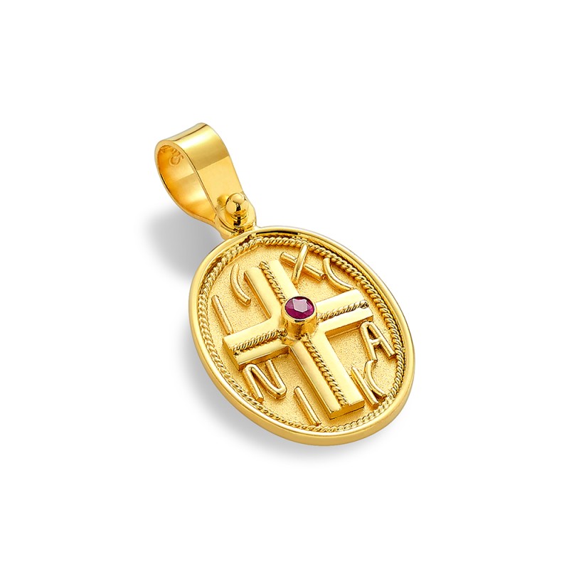 Constantinato Cross Pendant 14K Gold – Double‑Sided with Ruby | Damaskos (~2.1 g)