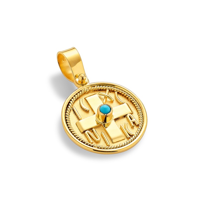 Constantinato Cross Pendant 14K Gold – Double‑Sided with Turquoise | Damaskos (~2.1 g)