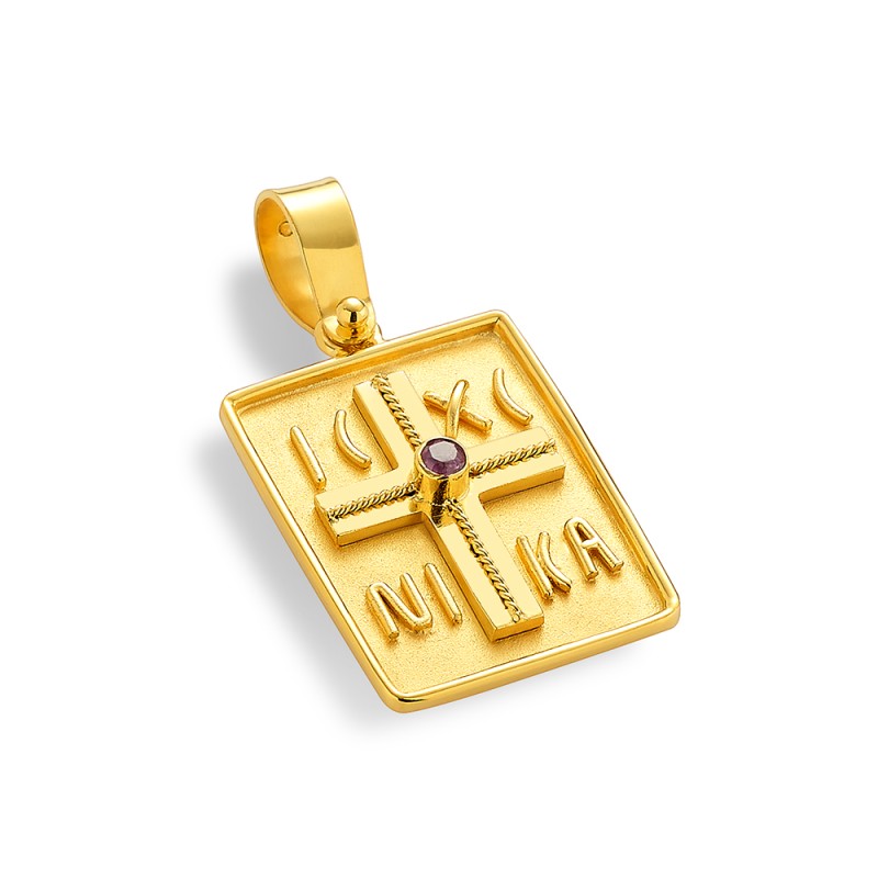 Constantinato Cross Pendant 14K Gold – Double‑Sided with Ruby | Damaskos