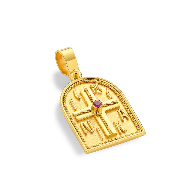 Constantinato Cross Pendant 14K Gold – Double‑Sided with Ruby | Damaskos (2.60 cm)