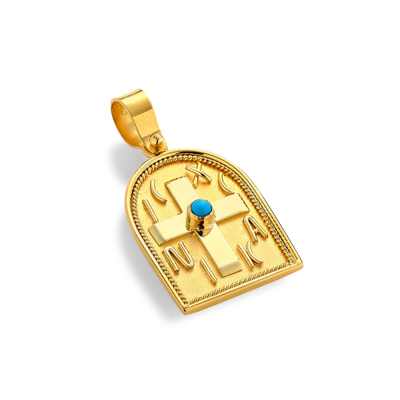 Constantinato Cross Pendant 14K Gold – Double‑Sided with Turquoise | Damaskos (2.50 cm)