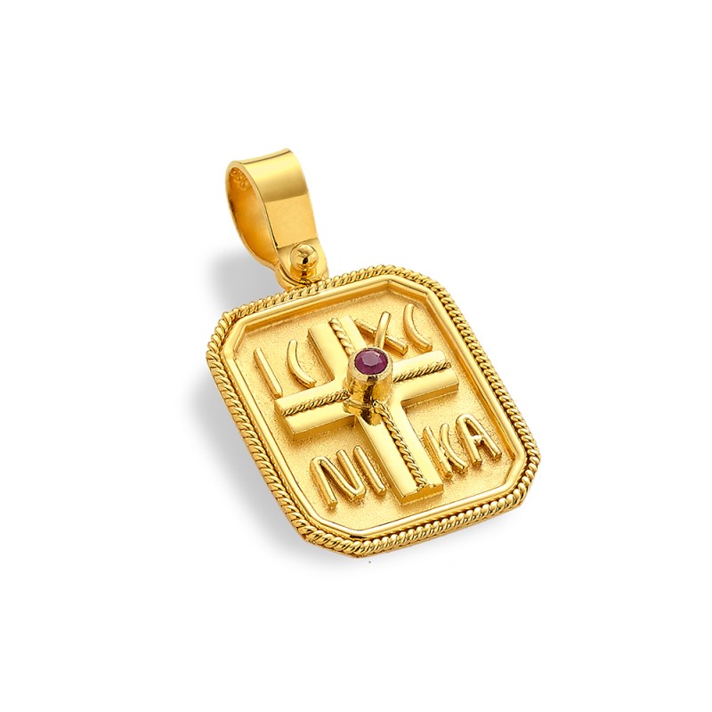 Constantinato Cross Pendant 14K Gold – Double‑Sided with Ruby | Damaskos (~2.2 g)