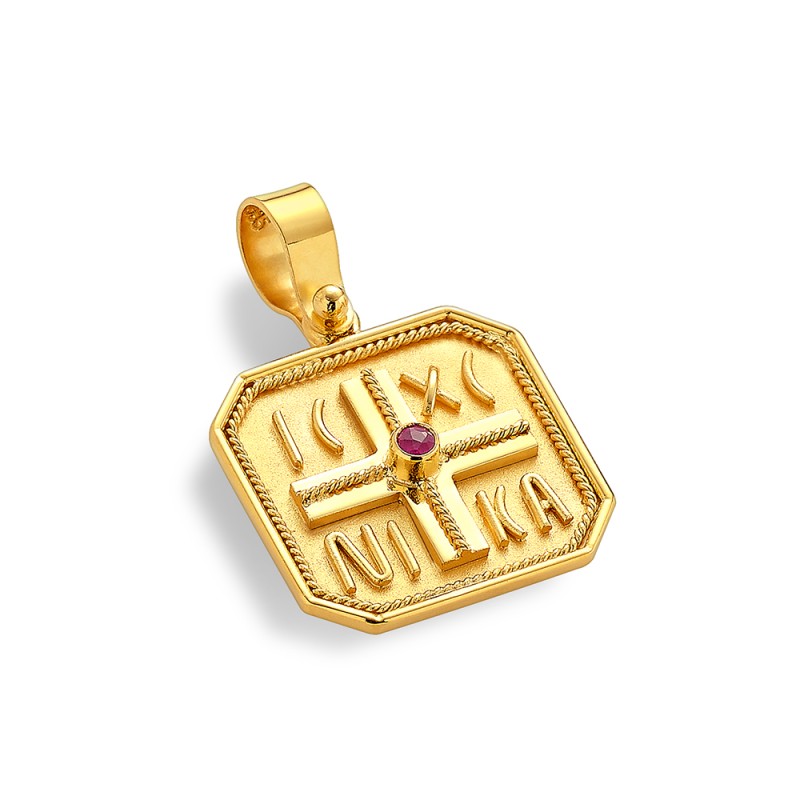 Constantinato Cross Pendant 14K Gold – Double‑Sided with Ruby | Damaskos (2.80 cm)