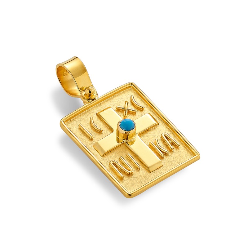 Constantinato Cross Pendant 14K Gold – Double‑Sided with Turquoise | Damaskos (Gold)