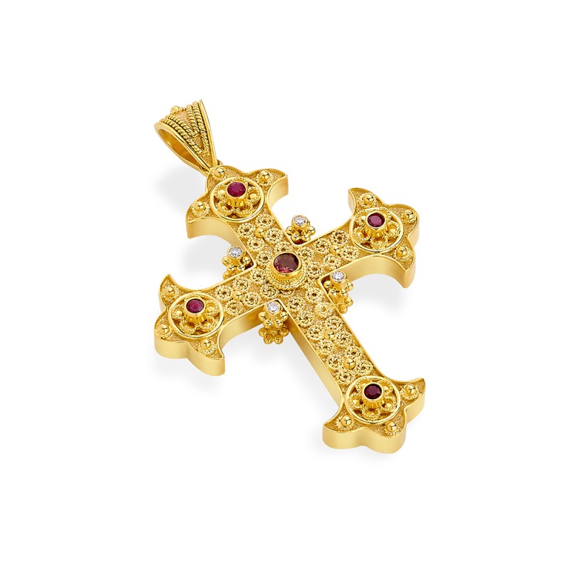 Byzantine 14K Gold Cross – Double-Sided, with Diamonds | Damaskos